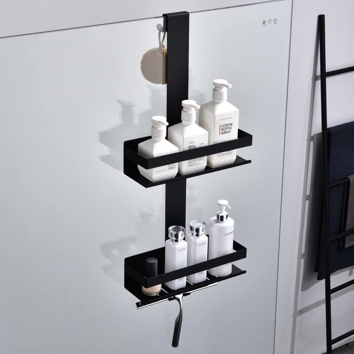 HomeHeng Hanging Shower Shelf, 2-Tier Hanging Shower Caddy Matte Black, SUS304 Stainless Steel Double Shower Basket with Hooks for Glass Shower Enclosure, H30MB-2DH