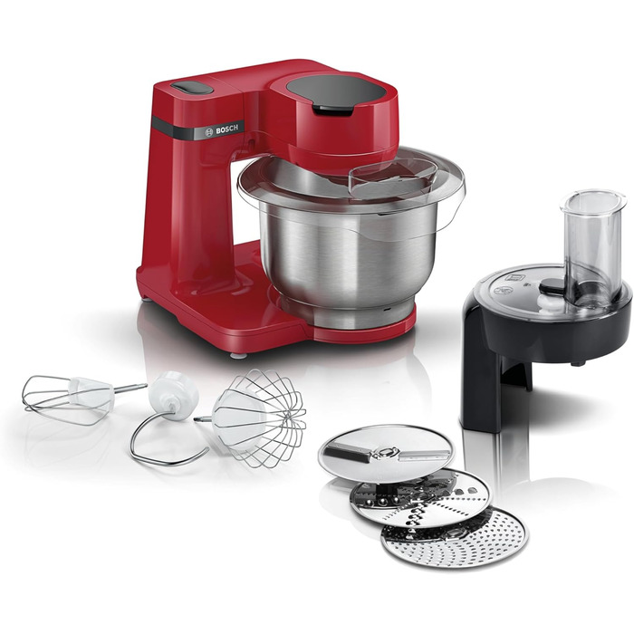 Кухонний комбайн Bosch Serie 2 MUMS2ER01, 700 Вт, 3,8 л, з нержавіючої сталі, планетарний міксер, насадки для замішування тіста, збивання та різання, 3 диски, червоний