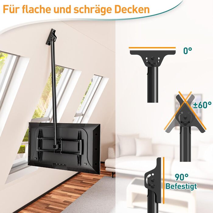 ELIVED Adjustable Ceiling TV Mount for 37-75 inch Flat & Curved TVs - VESA 600x400mm, 50kg Capacity