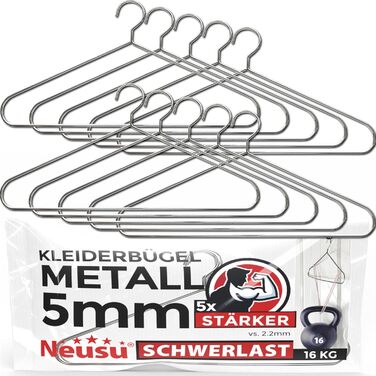 Neusu Clothes Hangers, Metal, Stable, 45cm x 5mm Thick Metal - Extra Strong Coat Hangers in Hotel Quality - (10 Pieces)
