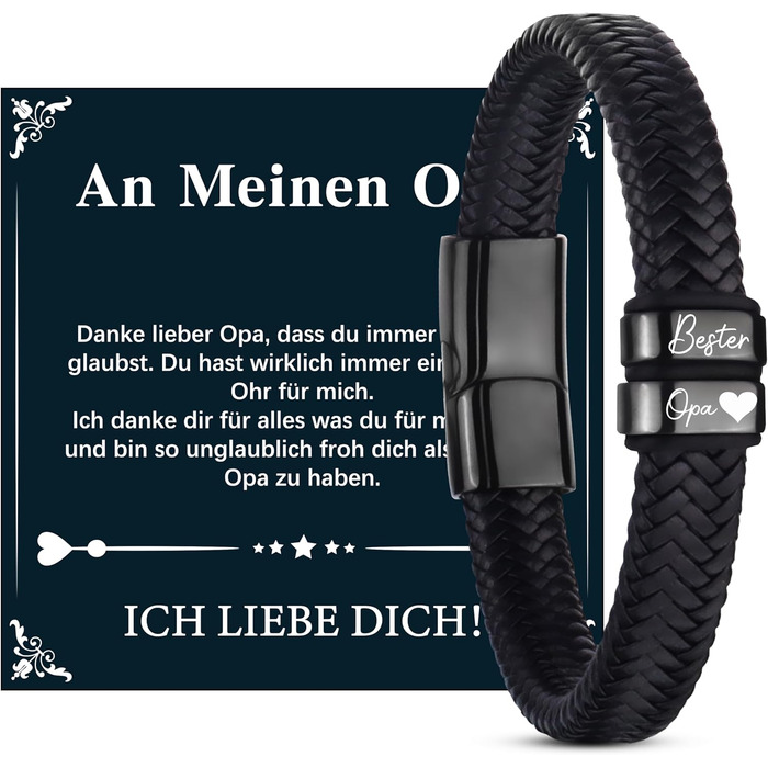 Чоловічий шкіряний браслет – подарунок для чоловіка, тата, дідуся. Ідеальний подарунок на День батька, Різдво, День Святого Валентина (чорний)