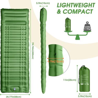 Надувний матрац Isomatte 12 см для кемпінгу з насосом та подушкою, зелений. Анти-розривний, портативний, для туризму, подорожей, пляжу