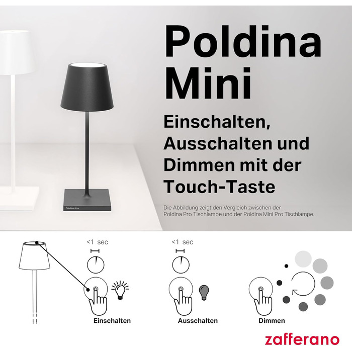 Zafferano Poldina Pro Mini – Бездротова настільна лампа, сенсорне керування, для дому та саду, 30 см, колір пісок