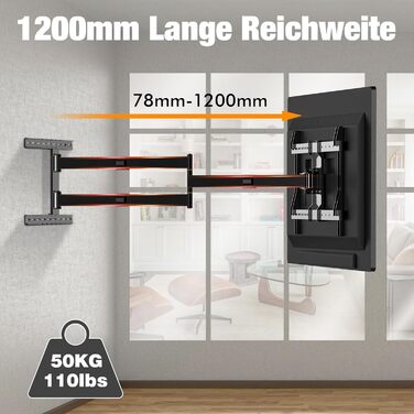 Настінний кріплення для телевізора з довгим шарнірним кріпленням, нахилом, поворотом та обертанням, висувним, для LCD/LED/OLED телевізорів 32-80 дюймів, 50 кг, VESA 600x400 мм