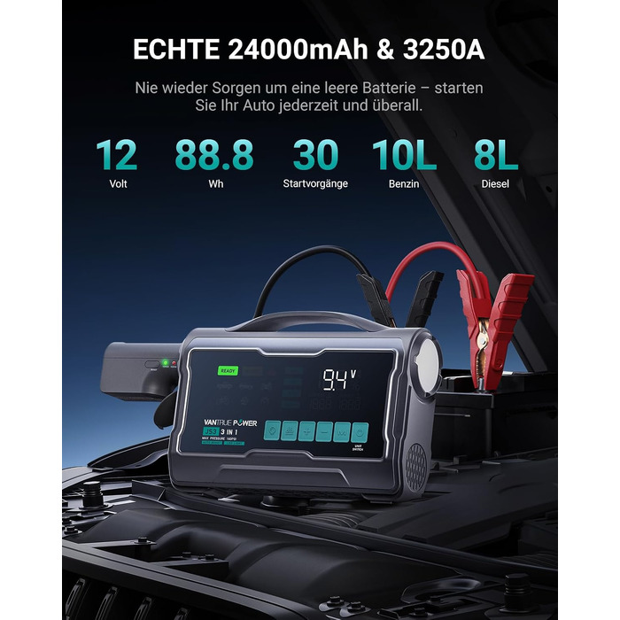 Пусковий пристрій (бустер) VANTRUE POWER JS3 для авто з компресором 160 PSI та функцією Powerbank, чорно-сріблястий