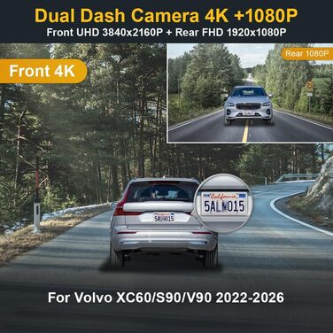 Відеореєстратор FITCAMX для Volvo XC60/S90/V90 (2022-2026) 4K UHD, подвійний (перед/зад), WiFi, G-сенсор, 128GB карта