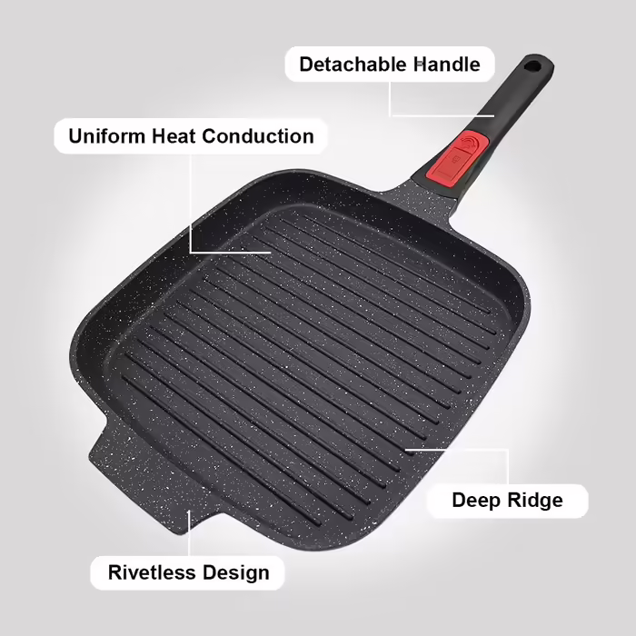 RANX INGST Grill Pan Induction with Removable Handle, 26 x 24 cm Steak Pan, Non-Stick Coated Aluminum Grill Pan, All Cooktops - (Black, no lid)