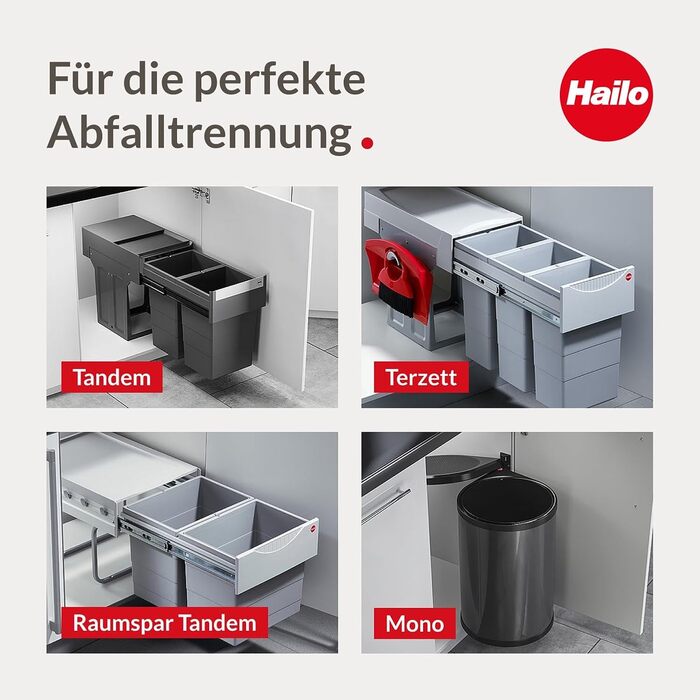 Вбудований контейнер для сміття Hailo Tandem 3666101 – система сортування сміття, 2х15л, повний висув, телескопічні направляючі, для кухонних шаф від 30 см, темно-сірий