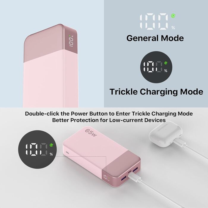 Power Bank Nobis 20000mAh 65W з цифровим дисплеєм, рожевий - портативний зарядний пристрій для ноутбука, телефону, планшета