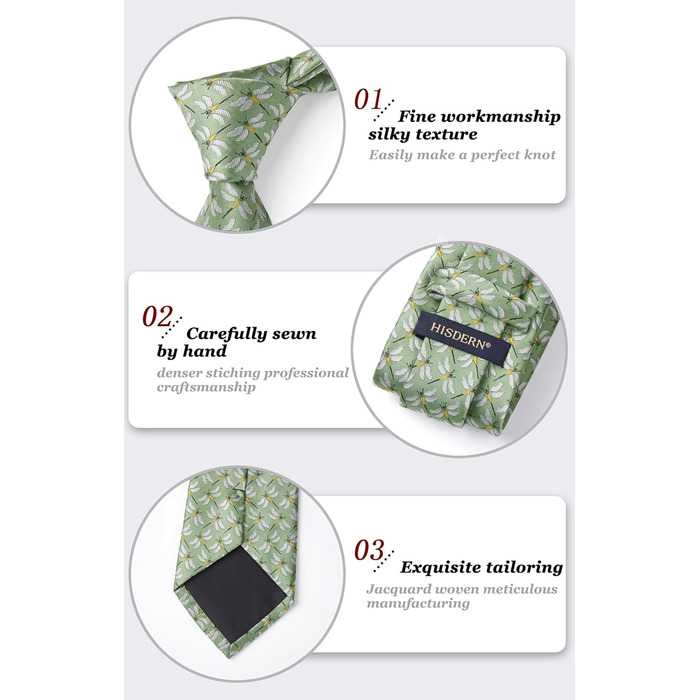 HISDERN Комплект краватки та нагрудного хустинки для чоловіків: зелено-жовтий принт, класичний стиль, для весілля та ділових зустрічей