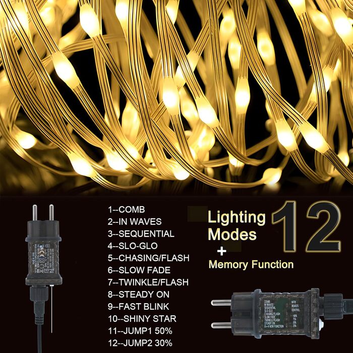 Гірлянда світлодіодна Gresonic 100/200/300/400 LED, струмопровідна, для дому та саду, тепле біле світло, 100 LED