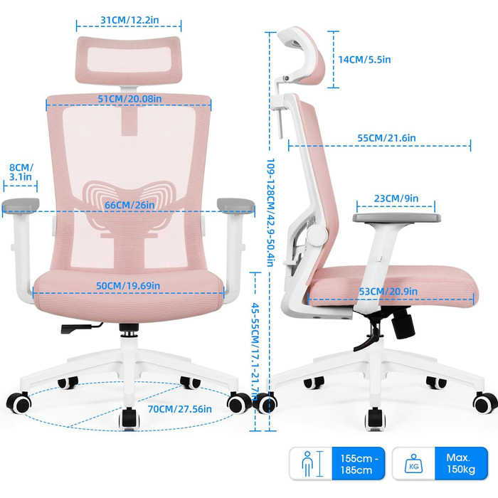 Ергономічне крісло Daccormax для офісу: регульована спинка, підголівник, підлокітники, витривале до 150 кг (Рожевий)