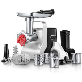Electric Meat Grinder 5-in-1 - 700W Power, 2800W Max Blocking Capacity, Stainless Steel Grinding Plates (3, 5, 7mm), Sausage Maker, Kubbe Attachment, Black