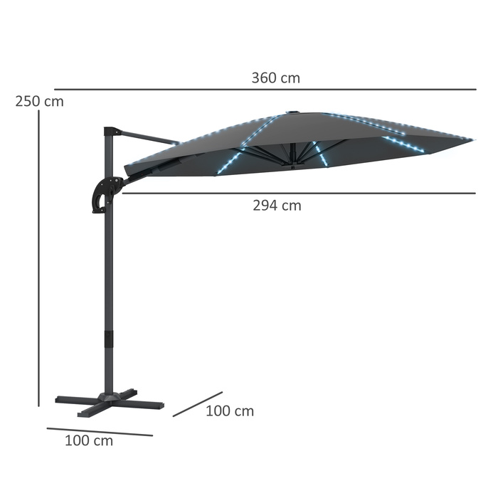 Сонячний парасоль з алюмінію Outsunny з LED-підсвіткою, сонячний, Ø300см, регульована висота, парасоль з ручним підйомом, стійка, SPF 50+, водовідштовхувальний, 360° обертання, торговельний парасоль, регульований нахил, садовий парасоль, захист від сонця 
