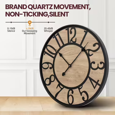 Large Wall Clock Without Ticking, 50 cm / 20 inch Silent Wood Vintage Wall Clock Retro Battery Powered Modern for Living Room Bedroom, Kitchen, Farmhouse, Office Decoration