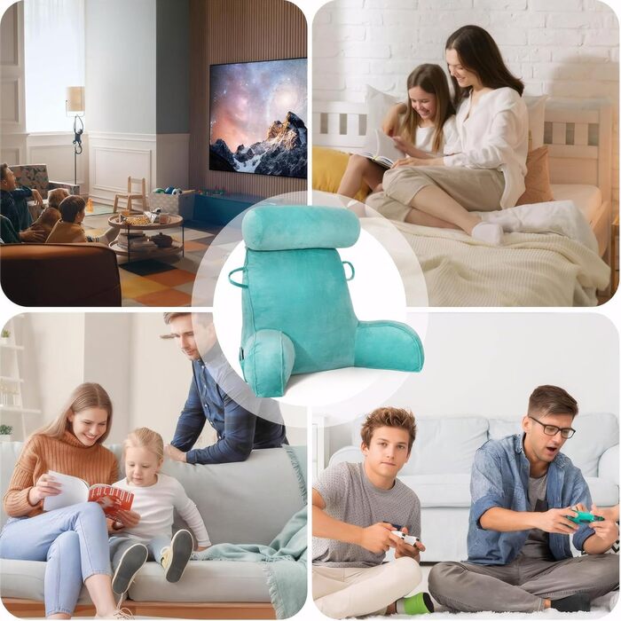 Подушка для читання з велюру, подушка для сидіння в ліжку для дорослих, спинка для ліжка з круглою подушкою, подушка для відпочинку в ліжку з підтримкою спини та рук, кишеню та знімний чохол (Синій / Зелений)