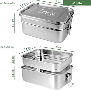 LOOXIS Personalized Stainless Steel Lunchbox with Name & Text Engraved – 1960 ml, including divider, leak-proof, 2 tiers, Bento Box – Gift idea for children, school start, work – L, Double-decker