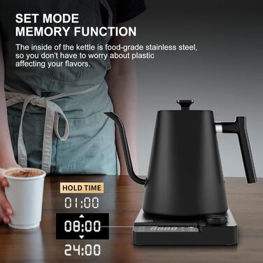Електричний чайник-заварник зі сталевим гусячим носиком, 1л, 1200Вт, з регулюванням температури та функцією підігріву 24 години, чорний