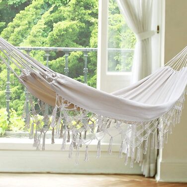 Гамак для дому та вулиці Boho Makramee подвійний великий бавовняний м'який для двох осіб (білий)