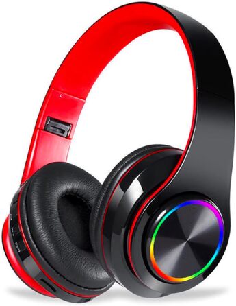 Бездротові навушники Bluetooth з LED-підсвіткою, складані, Bluetooth 5.0, радіус дії 10 м, стерео, мікрофон, зручні амбушюри (чорно-червоні)