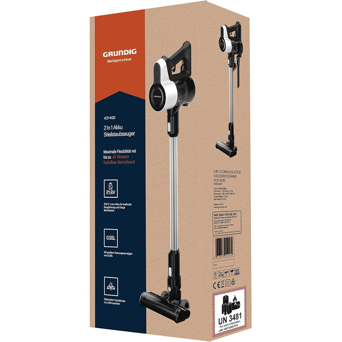 GRUNDIG VCP 4130 Бездротовий акумуляторний пилосос 2-в-1, білий/чорний