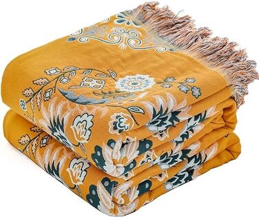Двостороння плед-ковдра Boho з 100% бавовни, 230x250 см, з квітковим візерунком для дивана та спальні, жовто-зелений