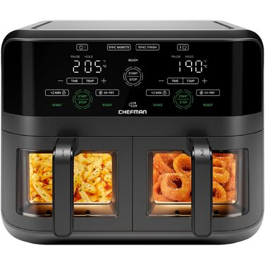 Фритюрниця електрична Chefman 5.6л з двома кошиками, чорна. Потужність 2100 Вт, цифрове управління, функція Sync-Finish, автовимкнення, вікно для спостереження, корзини для посудомийної машини