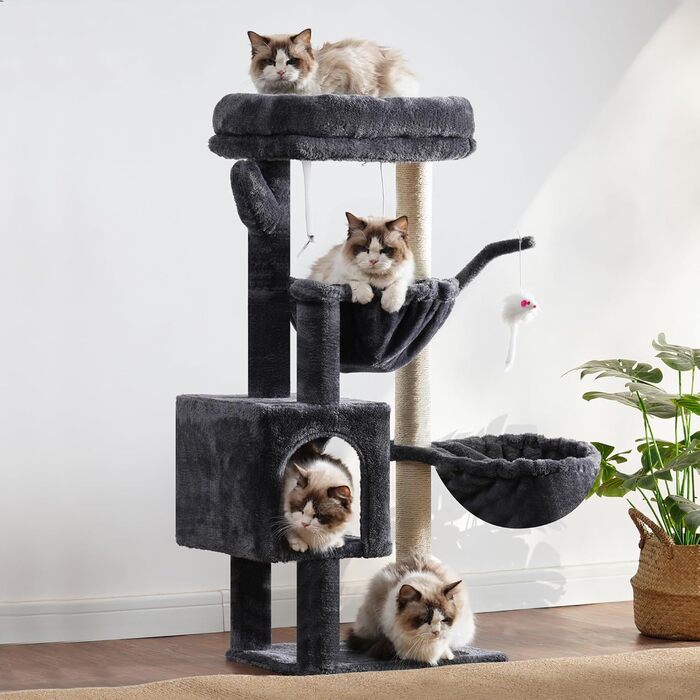 Кігтеточка-кімнатний комплекс Heybly Kratzbaum 100см з платформою, гротою, 2 гамаками та іграшками. Колір: сірий. Модель: HCT006SG