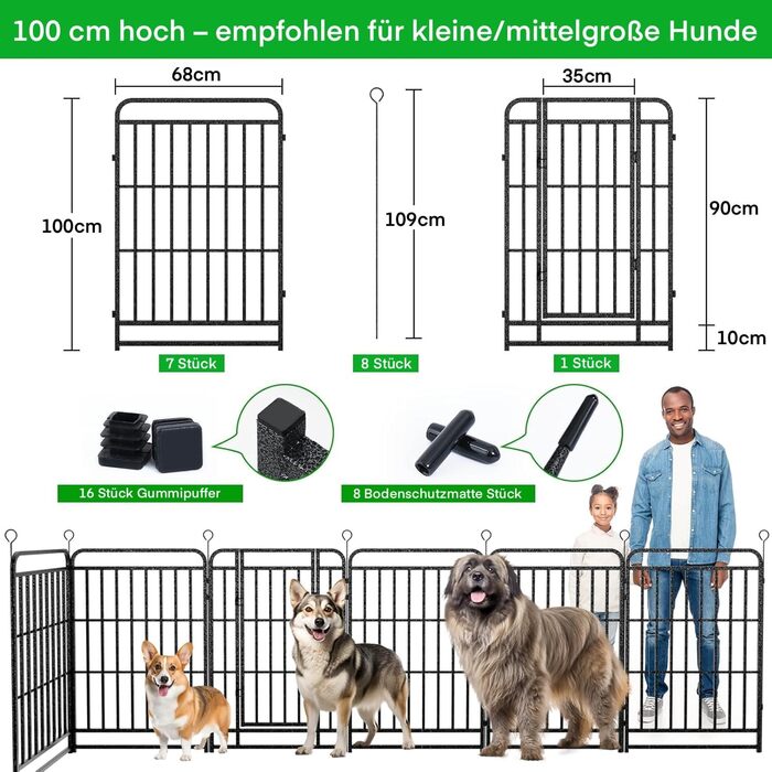 Вольєр для цуценят 544см, 80см висотою, 8-секційний розкладний вольєр для тварин з дверима, вольєр для собак, переносний загін для собак, котів, кроликів та саду, збірка без інструментів (8 секцій - 100см висотою)