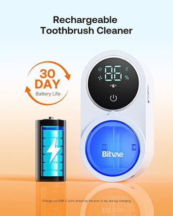 Toothbrush Cleaner, Cleaning and Air Drying, LED Smart Screen, Rechargeable Wall Mount, White