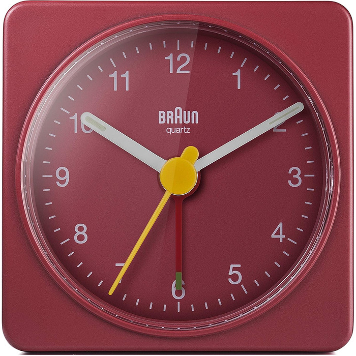 Braun Classic Analog Travel Alarm Clock, compact size, quiet quartz movement, crescendo alarm in red, model BC02R.