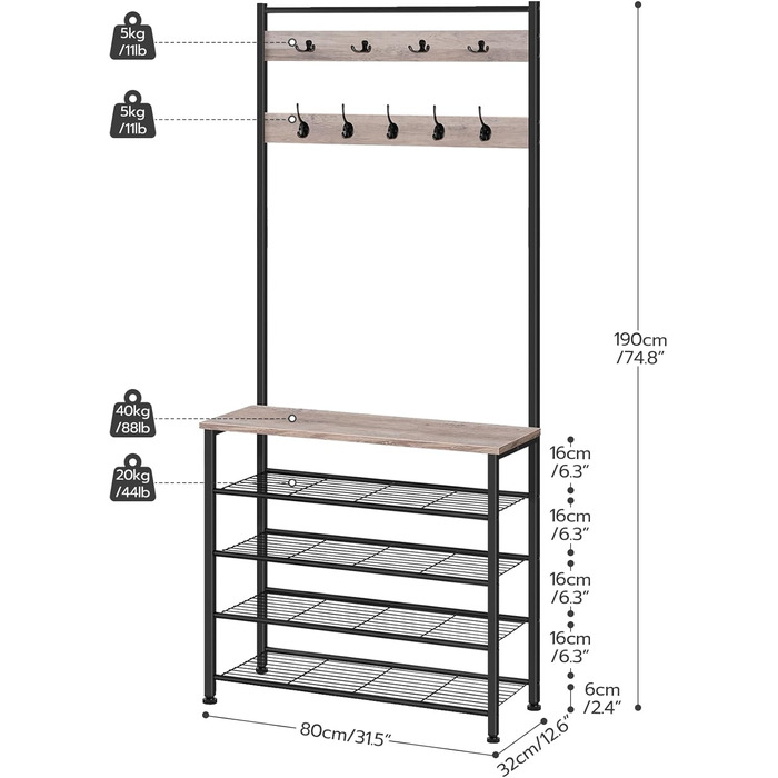 HOOBRO Coat Rack, Shoe Shelf with Coat Rack, Clothes Rack with Shoe Storage, Shoe Cabinet with 5 Shelves, for Entryway, Dark Brown EBF80MT01G2 (Greige + Black)