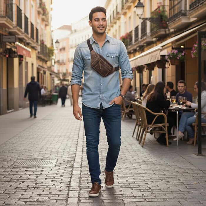 Чоловіча та жіноча поясна сумка Volmer Palma з натуральної шкіри (колір: коричневий, ефект потертостей) | Регульований ремінь до 130 см