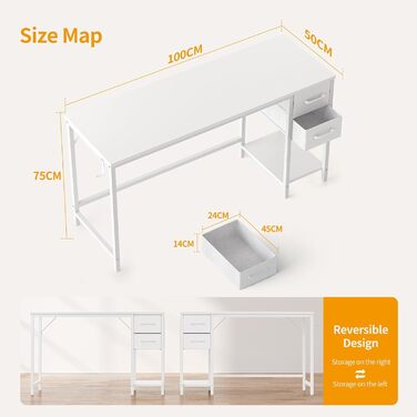 Cubiker 120x50x75cm Desk - Computer Desk with 2 Drawers, Office Desk, Steel Frame, Industrial Design, White