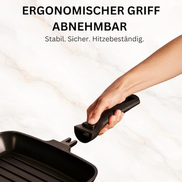 Stone&Stone Сковорода гриль індукційна 28 см квадратна з антипригарним покриттям та знімною ручкою, німецька кераміка, сталеве дно, для газових плит та духовки, без PFAS, PFOA та PTFE