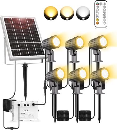CLY Solar Lamps for Outdoors, Solar Spotlights Garden Light with Remote Control IP66 Waterproof 10 Colors 30 Dynamic Modes Timer Garden Lighting for Gardens Path Christmas Decoration 6 Pieces (Warm White/Natural/Cold White, 6 Pieces)
