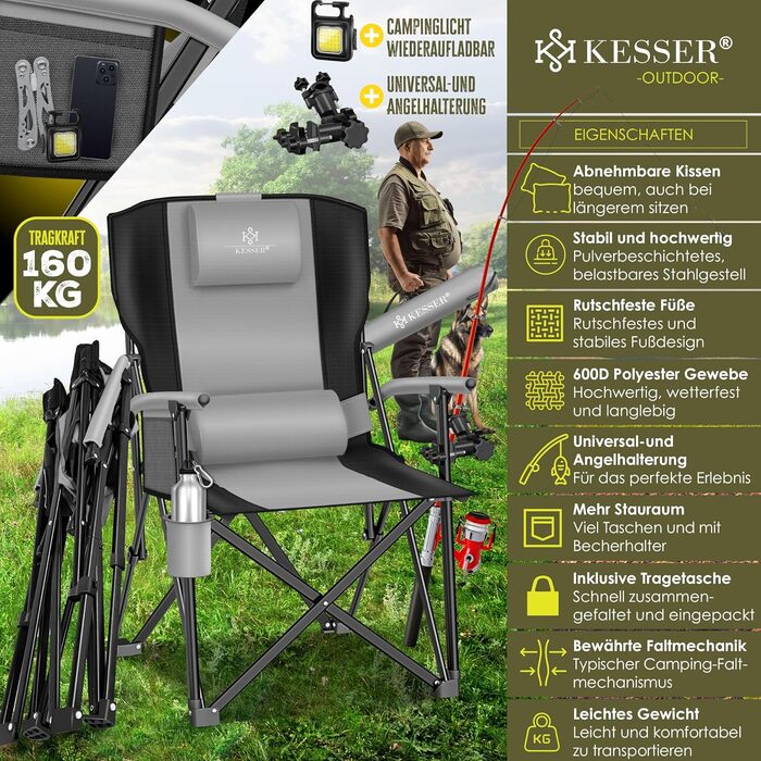 Кресlo для кемпінгу KESSER® з високою спинкою, 160 кг | Стільчик для риболовлі, з підлокітниками, кишенькою для напоїв та світлом | Сірий/Чорний