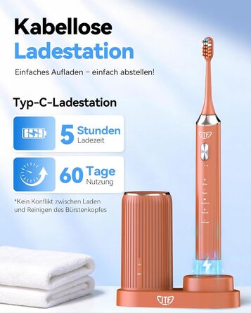 Електрична звукова зубна щітка JTF з УФ-дезінфекцією та сушінням, бездротова зарядка, 5 режимів чищення, 6 насадок, стаканчик для полоскання, акумуляторна для дому та подорожей (Помаранчева)