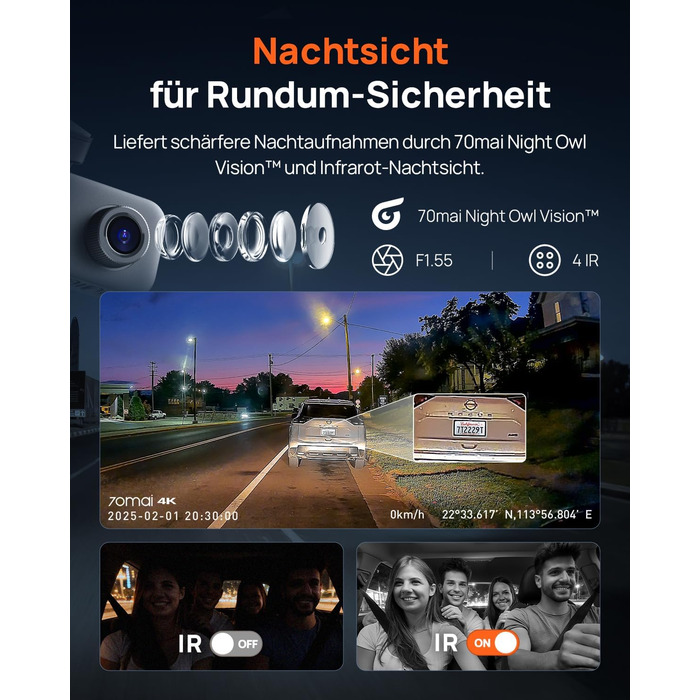 Автомобільний відеореєстратор 70mai T800E 4K 3-канальний (передній, внутрішній, задній) з HDR, ІЧ-нічним баченням, GPS, WiFi 6 та карткою пам'яті 64GB