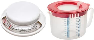 Dr. Oetker 1531 Baking Scale Ø 17 cm, analog kitchen scale (color: white) & measuring and mixing jug 2.2 L, measuring jug with different measuring scales (color: Red/Transparent), quantity: 1 piece