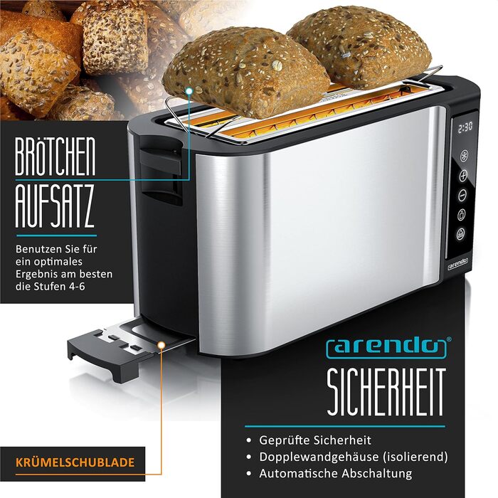 Arendo - Stainless Steel 4-Slice Long Slot Toaster - Touchscreen – Double-Walled Housing – 1500 W – Integrated Bagel Attachment – 7 Browning Levels – Bread Centering – Remaining Time Display – Memory Function C: Steelsilver