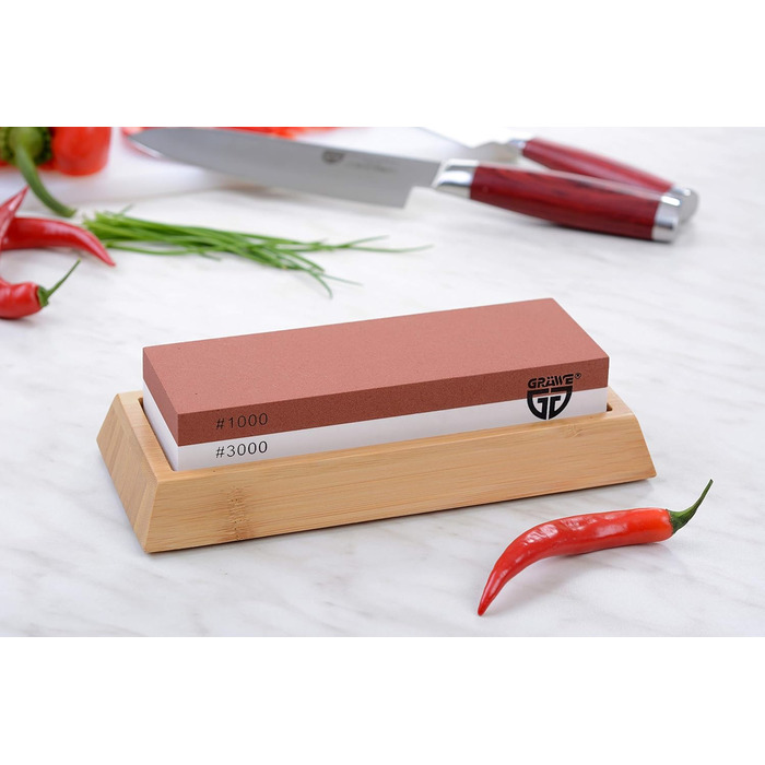 Шліфувальний камінь для кухонних ножів Gräwe Sharphome, кордіт, 1000/3000, з бамбуковою підставкою