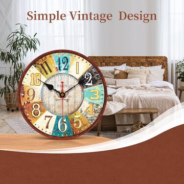 VIKMARI Quartz Wall Clock Wood Silent Hanging Clock, Battery-Powered Round Rustic Clock, Easy to Read Vintage Interior Wall Clock || 14' (France Parisian Style, 20 cm)