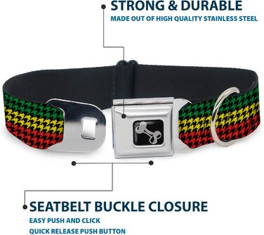 Нашийник для собак Buckle-Down Seatbelt Buckle - Houndstooth Black/Rasta, 1' шириною, розмір L (15-26 дюймів)