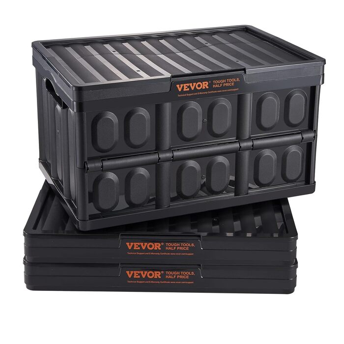 VEVOR 3-Pack 45L Professional Folding Box made of PP, Transport Box with Lid, Foldable Storage Box with Handle, Stackable Crates, Storage Box, Folding Boxes, Stackable Boxes for Storage & Transport