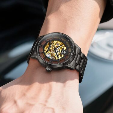 Чоловічий годинник OLEVS 6728 з автопідзаводом: механічний турбійон, водонепроникний, сталевий ремінець та підсвітка, чорний колір