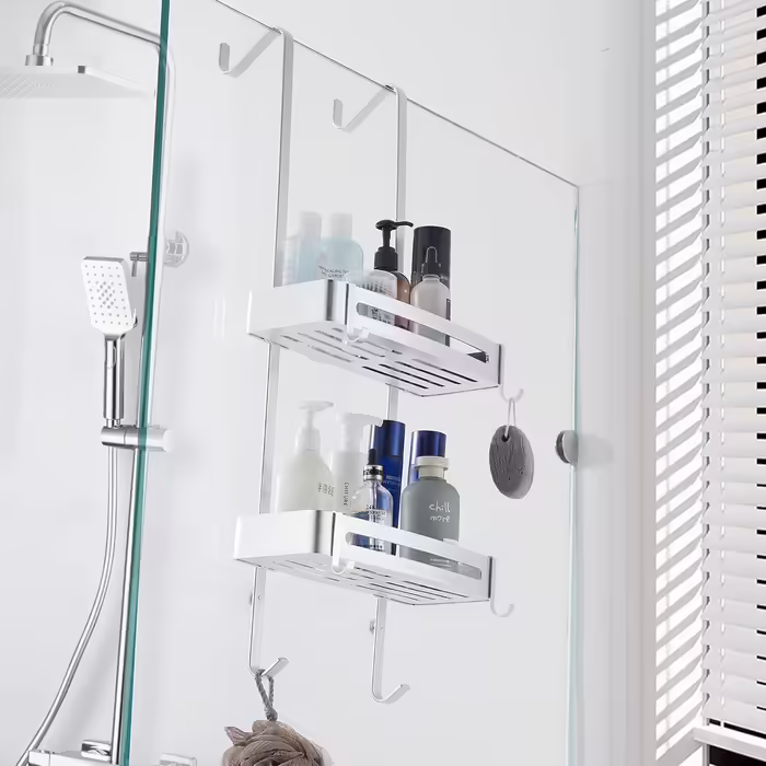 MOGFCT Shower Shelf for Hanging, Bathroom Shower Storage, Over-the-Door Hanging Shower Shelf, Stainless Aluminum Shower Shelf, Bathroom Shelf with Hooks (Double Silver)