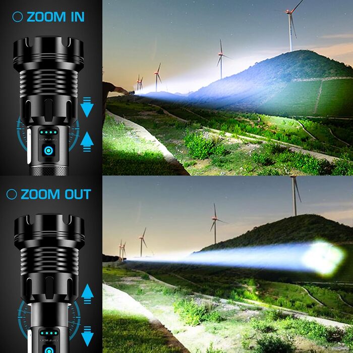 Ліхтарик Glarylight LED акумуляторний 500000 люменів, надяскравий, 9 режимів, зум, водонепроникний IPX7, для кемпінгу та екстрених ситуацій