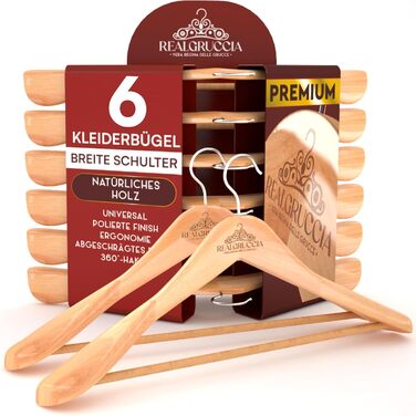 6 Wooden Clothes Hangers, Wide Shoulder, Wood Hangers, Natural Wood Color - RealGruccia with Trouser Bar, Polished Surface, Swivel Hook, and Beveled Profiles - 24x45cm