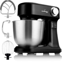 Кухонний комбайн-міксер LEHMANN з набором аксесуарів, 1500 Вт, 12 швидкостей, чаша 5 л, захист від перегріву, планетарний міксер з 3 насадками та захистом від бризок, чорний